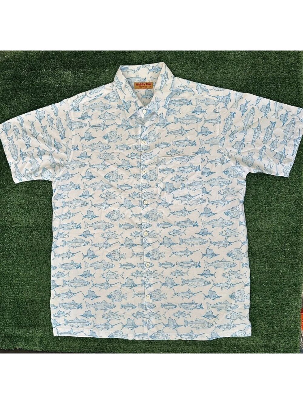 Happy Bay Fish Print Hawaiian Shirt Preppy Nautical Coastal Swordfish Grouper M